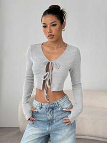 Flirla Vintage American Stylish Short Cardigan For Women, V-Neck Tie-Front Knit Cropped Sweater, Long Sleeve Tee, Slimming, Autumn