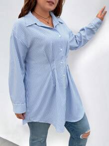 Calvaya Plus Size Casual Striped Pleated Cinched Waist Shirt, Autumn - Blue - View 1