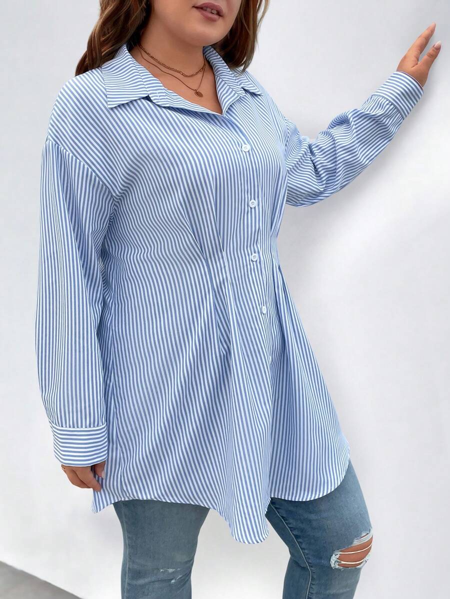Calvaya Plus Size Casual Striped Pleated Cinched Waist Shirt, Autumn - Blue - View 1
