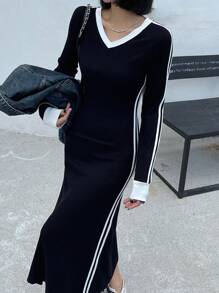 DAZY V领撞色女式长袖休闲中长连衣裙，秋季服装