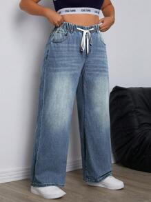 SHEIN EZwear Plus Size Casual Drawstring Waist Side Pockets Loose Straight Leg Warm Denim Thermal Jeans Thickened Denim - Medium Wash - View 4