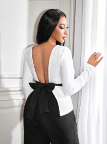 VaVaBold BamGleam Elegante Camiseta de manga larga con diseño de lazo y espalda abierta para mujer, para uso en oficina. Vestidos blancos para mujer con lazo, atuendo para primavera