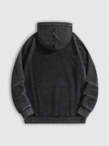 ROMWE MEN Street Life Men's Washed Casual Daily Graphic Print Drawstring Hoodie, Autumn - Black - View 2