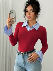 Chiquease 优雅通勤紧身 AB 面板领口喇叭袖口长袖半襟勃艮第针织条纹多色 T 恤女士秋冬图案 T 恤女士春季上衣 - 彩色 - 查看 7