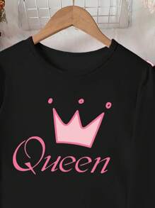 2 件女童皇冠印花休闲舒适长袖上衣和裤子套装，时尚家居服 - 黑色 - 查看 4