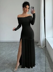 Elenzga 1 chiếc váy xẻ cao hở vai màu trơn thanh lịch dành cho nữ, trang phục Maxi mùa thu dành cho nữ - màu đen - Xem 5