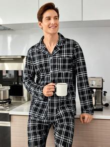 男士两件套前扣长袖格子简约上衣和长裤睡衣套装，秋冬服装 - 黑與白 - 查看 4