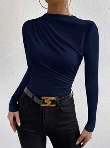 Calvaya Women's Solid Color Stand Collar Long Sleeve Pleated Casual T-Shirt, Autumn