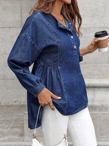 SHEIN LUNE Camisa vaquera casual de cuello redondo con botones delanteros lisos y manga larga