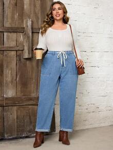 SHEIN LUNE Plus Size Women Drawstring Waist Pockets Straight Leg Loose Casual Denim Jeans - Light Wash - View 5