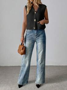 Pariaura New V-Neck Ribbed Knitted Cardigan Vest, Fashionable And Elegant Women Top - Black - View 3