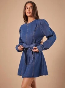 Forever 21 Fall&Winter Women Blue Washed/Bow/Belt/A Line/Holiday Dress/New Years Dress/Thanksgiving Dress/Christmas Dress/Vintage/Business Casual Women/Zip Up/Loose/Basic/Comfortable/Tall Women /Christmas Women Clothes/Essentials/Long Sleeves/Formal Women Dresses/New Year Eve/Thanksgiving/Holiday/Short/Mini Dress - Blue - View 6