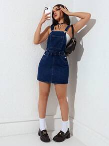 SHEIN EZwear Women Wide Strap Button Pocket Simple Casual Denim Jumpsuit Dress