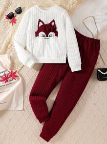 女童可爱卡通刺绣图案休闲裤套装