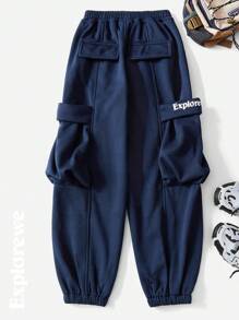 SHEIN Tween Boys Letter Print Cargo Pocket Cuffed Casual Sweatpants - Navy Blue - View 2