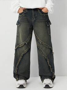 Teenager Jungen Y2K lässige used vintage gewaschene weite Jeans Cargohose, geeignet für modische Outfits im Alltag - Dunkle Waschung - Übersicht 2