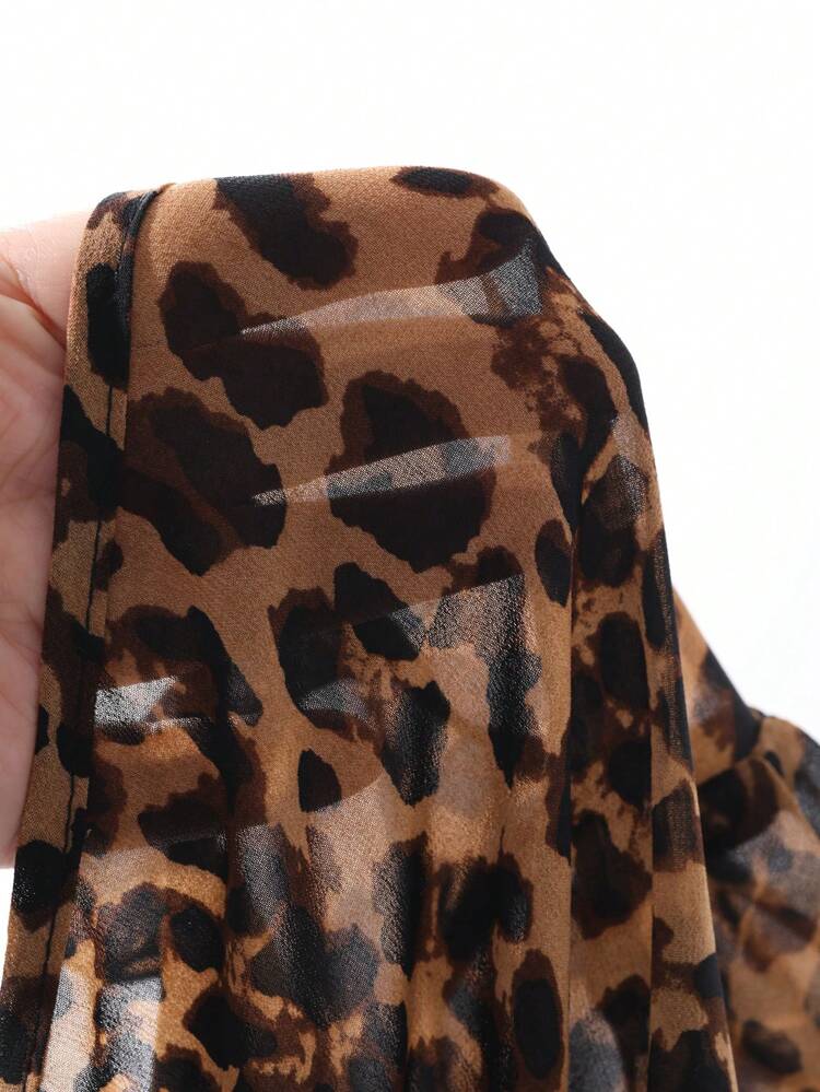 Fitted Leopard Print Ruffle Hem Splicing Top For Women Cheetah Print Long Sleeve Women Tops,Fall Women Clothes