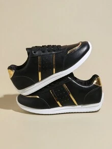 1 Pair Black Casual Sneakers For Teens, Fashion Lightweight Lace-Up Solid Color Soft Sole Non-Slip Sporty Shoes - Black - View 3