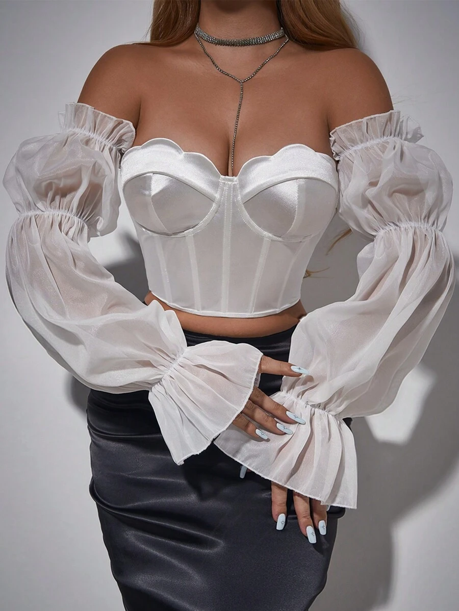 Zolique Women Colorblock Form-Fitting Off-Shoulder Elegant Long Sleeve Blouse For Holiday Party Clothes Fall Cloth For Women - White - View 1