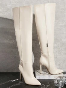 SHUZIA Women's Over The Knee High Stiletto Pointy Toe Heel Leatherette Boots Summer Shoes Spring Shoes Spring Break Easter - Beige - View 3