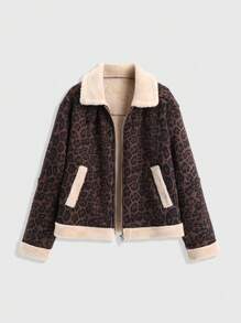 SHEIN Unity Women Vintage Stylish Leopard Print Fluffy Collar Thickening Lambs Jacket, All-Match Regular Design, Autumn/Winter - Multicolor - View 6