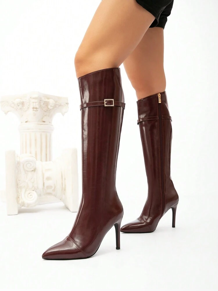 CUCCOO CHICEST Women's Pointed Toe High Heel Boots With Rhinestones, Fashionable & Versatile Burgundy Red Ankle Boots, Suitable For Christmas, New Year's Party, Date Night, Spring Casual Wear For Christmas And New Year Holiday Vibe Fall And Winter