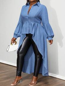 Maweii 大码编织休闲牛仔效果褶皱衬衫 - 藍色 - 查看 5