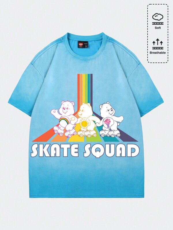 ROMWE MEN ROMWE X Care Bears Tricou cu mânecă scurtă cu imprimeu în stil vintage spălat pentru bărbați