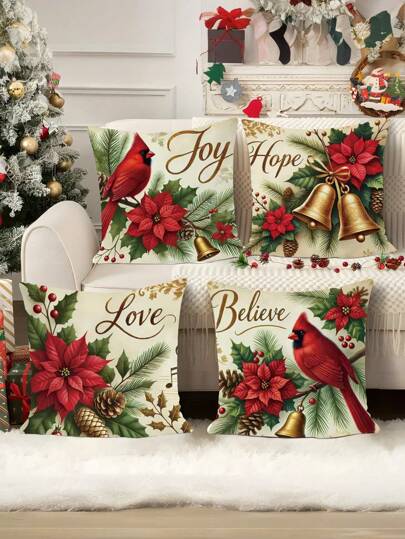 Festive 4pcs Velvet Throw Pillow Cover Set - Christmas Poinsettia, Cardinal & Bell Design | Vintage Red & Green | Soft & Cozy Decorative Cushion Cases For Sofa, Bed, Living Room | 17.7x17.7 Inches, Zip Closure, Machine Washable