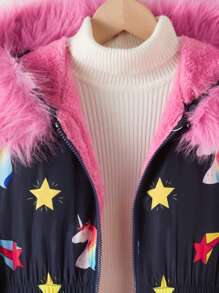 Jaqueta com capuz e estampa de strass unicórnio arco-íris preto fofo para meninas pré-adolescentes, outono/inverno para uso diário, roupas para irmãos combinando (2 peças vendidas separadamente)
