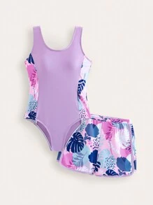 SHEIN Tween Girl's Tropical Plant Printed One-Piece Swimsuit And Swim Shorts Set Kids Swimming ,Kids Beachwear - Multicolor - View 2