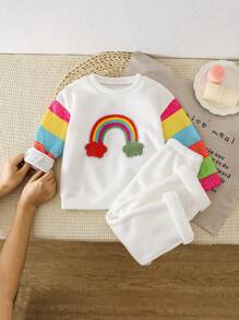 2pcs/Set Young Girl Rainbow Pattern Round Neck Long Sleeve Sweatshirt And Thermal Lined Pants, Casual Set For Autumn
