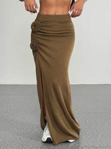 Flirla Falda larga de punto con decoración floral 3D estilosa