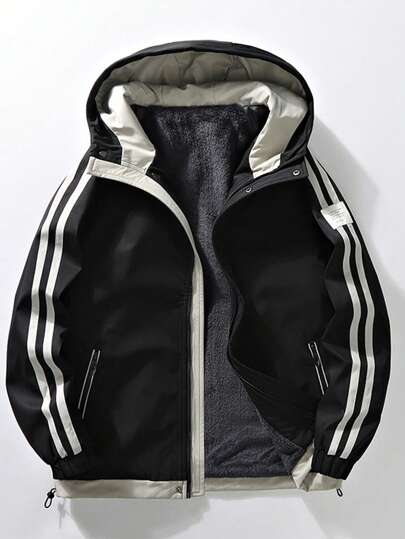 Manfinity Sport Corelite Abrigo acolchado con capucha, forro térmico y bloques de color a rayas, estilo novio, para hombre, para invierno