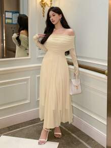 DAZY Women's Plain Off Shoulder Dress For Back-To-School Event, Birthday ,New Year Eve Prom Dress