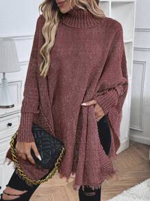 SHEIN LUNE Turtleneck Batwing Sleeve Asymmetrical Hem Knit Poncho Sweater Knit Pullover Fall Winter - Burgundy - View 3
