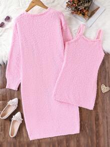 SHEIN Tween Girls 2pcs/Set Casual Long Sleeve Fleece Fashion Street-Style Loose Suit, Suitable For Spring, Summer, Autumn, For Home, Outing, Party, School, Shopping