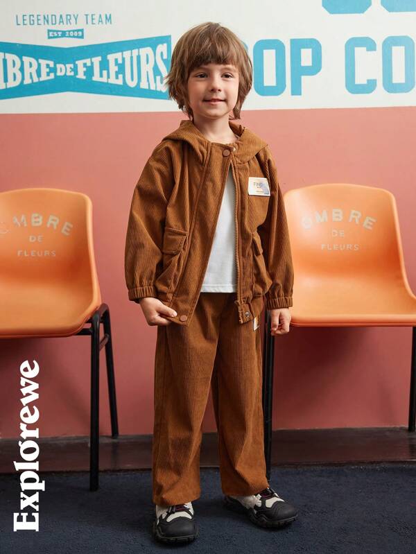 SHEIN 2pcs Young Boy City Casual Style Hooded Jacket With Pockets And Corduroy Details, Paired With Pants, Suitable For Outdoor, City Outing, Schooling, Sports In Autumn/Winter
