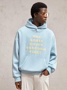 AKNOTIC Business Casual Men's Letter Print Loose Drop Shoulder Long Sleeve Casual Hooded Sweatshirt, Suitable For Autumn/Winter, Athletic Letter Blue Hoodie, For Friends, Husband, Boyfriend Gifts