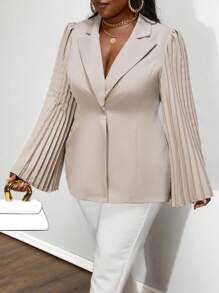 SHEIN Unity Plus Size Tecido Elegante Casual Lapela Plissada Casaco Botão Único - Caqui - Ver 3
