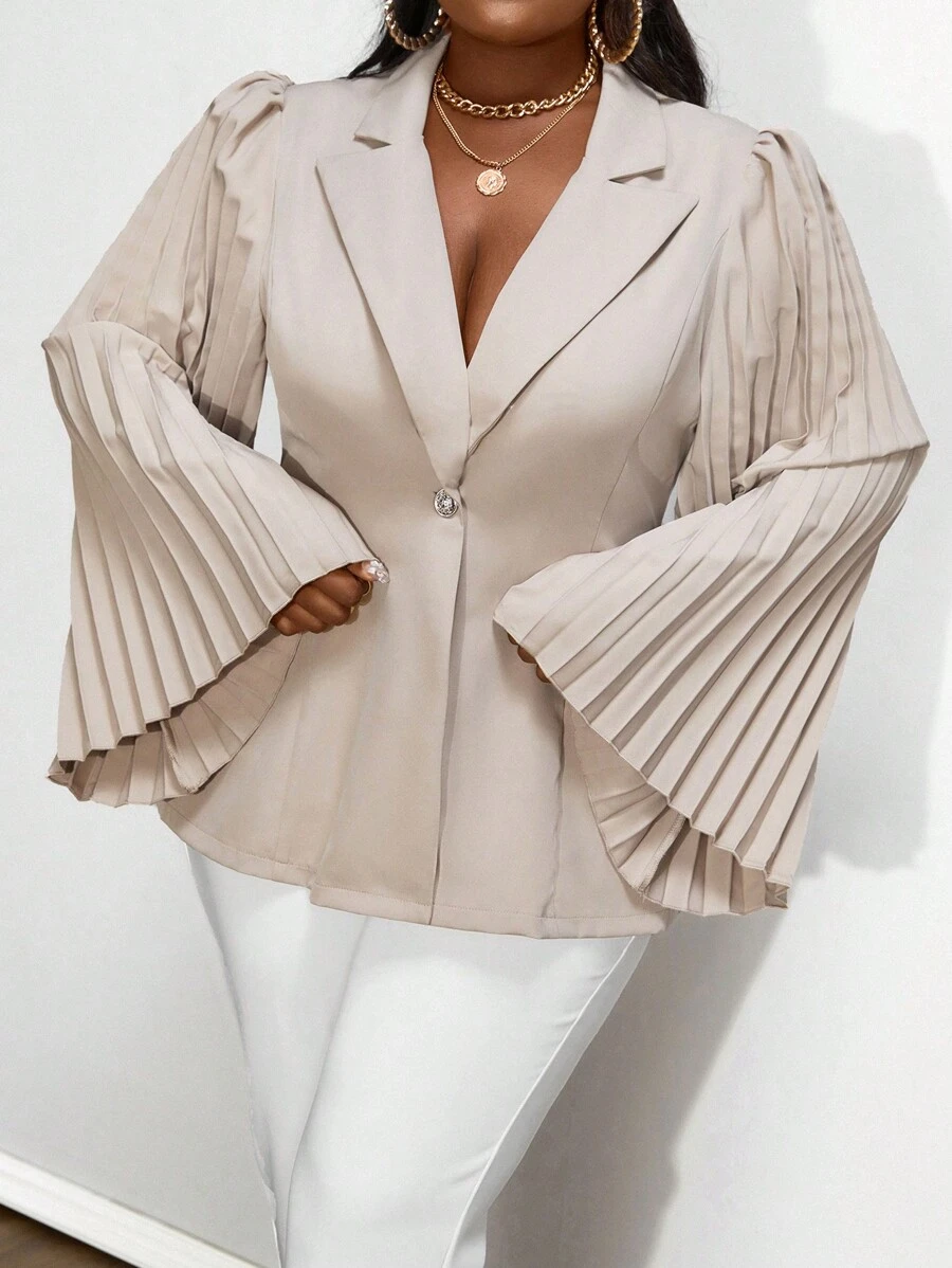 SHEIN Unity Plus Size Tecido Elegante Casual Lapela Plissada Casaco Botão Único - Caqui - Ver 1
