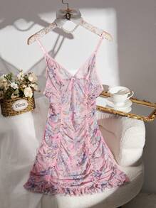 Floral Print Ruched Mesh Slip Pajama Night Dress PerfectSummer - Baby Pink - View 5