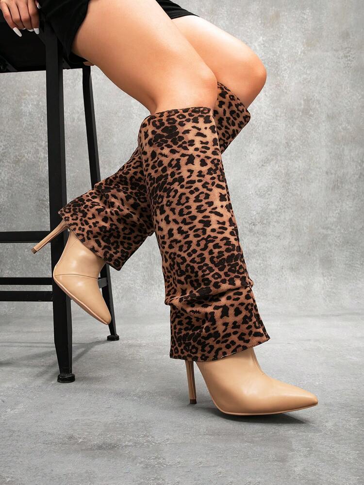 CUCCOO SZL Women's Pointed Toe Leopard Print Stiletto Calf High Boots And Ankle Boots, Fashion Outfit For Christmas, New Year, Casual Wear In Autumn/Winter, Suitable For Going Out At Night