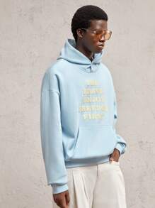 AKNOTIC Business Casual Men's Letter Print Loose Drop Shoulder Long Sleeve Casual Hooded Sweatshirt, Suitable For Autumn/Winter, Athletic Letter Blue Hoodie, For Friends, Husband, Boyfriend Gifts