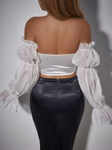 Zolique Women Colorblock Form-Fitting Off-Shoulder Elegant Long Sleeve Blouse For Holiday Party Clothes Fall Cloth For Women - White - View 2