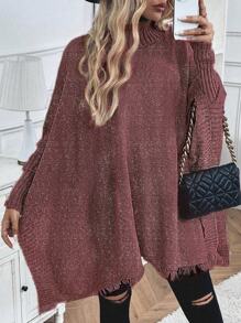 SHEIN LUNE Turtleneck Batwing Sleeve Asymmetrical Hem Knit Poncho Sweater Knit Pullover Fall Winter - Burgundy - View 7