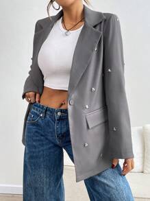 SHEIN LUNE Women's Autumn Lapel Collar Long Sleeve Heart Decoration Suit Jacket - Grey - View 6