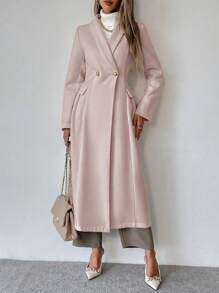 SHEIN Clasi Abrigo elegante de mujer con cintura ceñida, solapa de chal, de manga larga y doble botonadura, para otoño/invierno