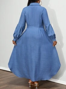 Maweii 大码编织休闲牛仔效果褶皱衬衫 - 藍色 - 查看 3