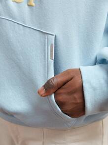 AKNOTIC Business Casual Men's Letter Print Loose Drop Shoulder Long Sleeve Casual Hooded Sweatshirt, Suitable For Autumn/Winter, Athletic Letter Blue Hoodie, For Friends, Husband, Boyfriend Gifts